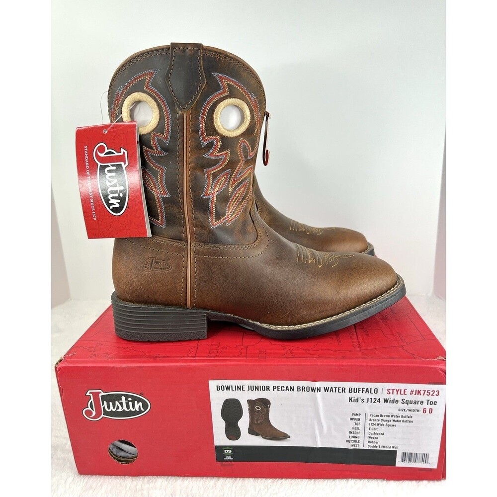 Justin Bowline Junior Water Buffalo Square Toe Cowboy Boots 7523JK Size 6 D New